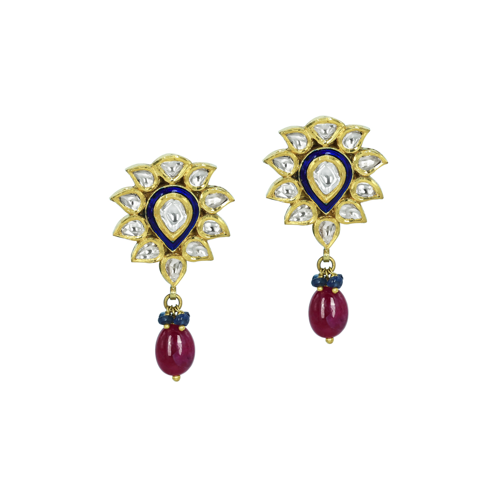 Floral Polki Earrings with Blue Meenakari and Ruby Drops